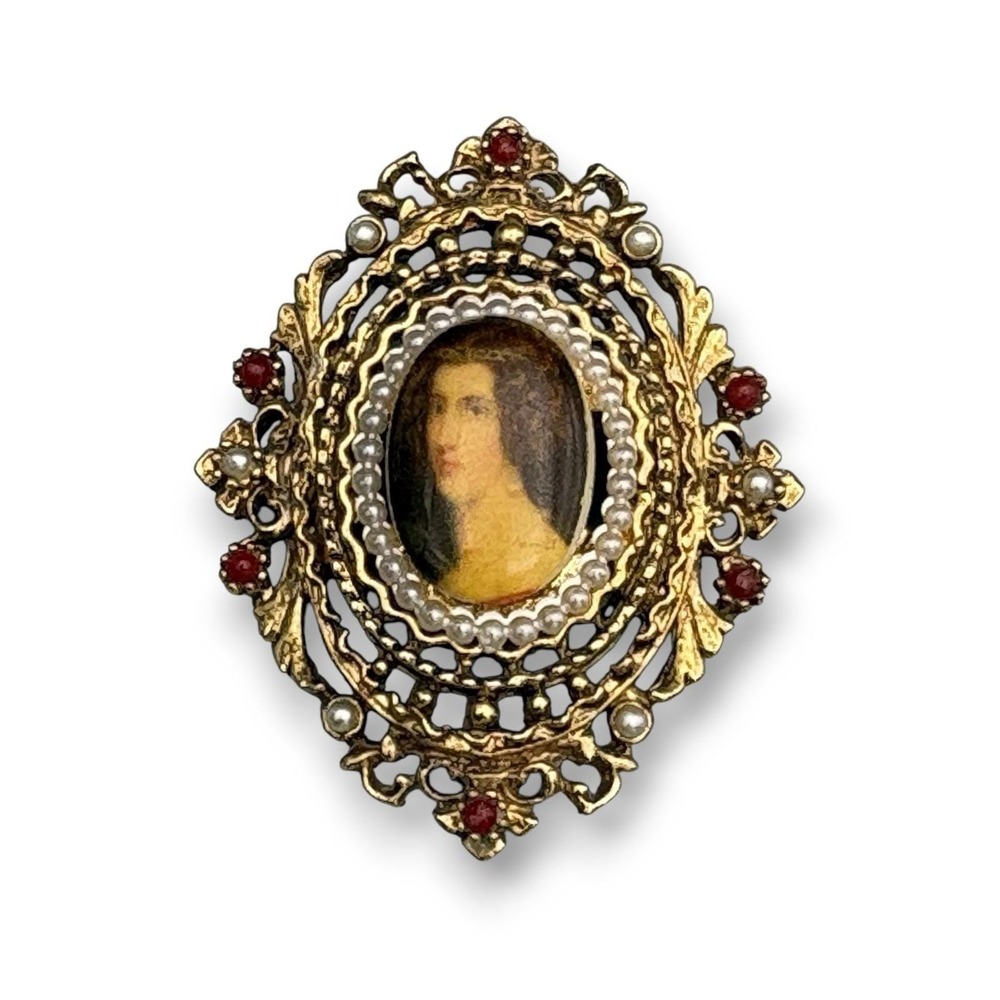 Vintage ART Arthur Pepper Cameo Brooch Gold Tone Faux Pearl Transfer Ornate